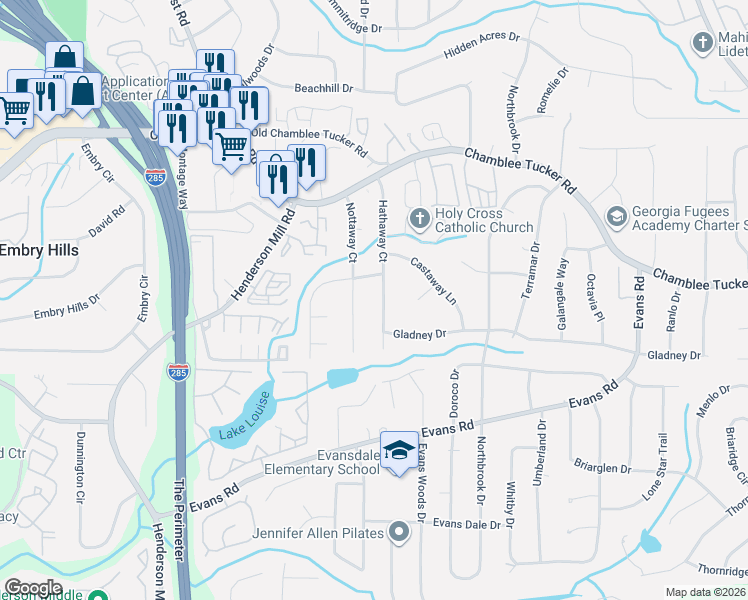 map of restaurants, bars, coffee shops, grocery stores, and more near 3082 Hathaway Court in Chamblee