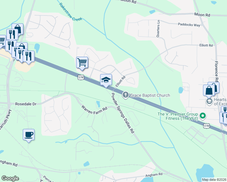 map of restaurants, bars, coffee shops, grocery stores, and more near 5701 Allen Farm Road in Hiram
