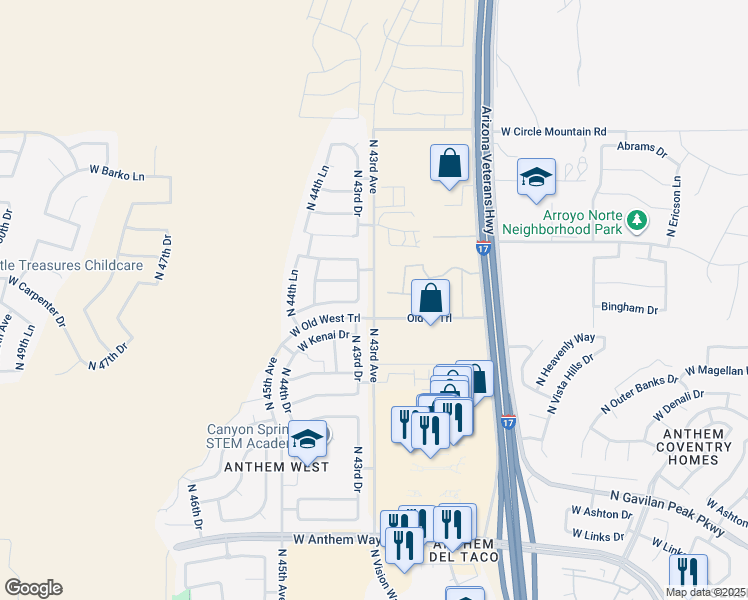map of restaurants, bars, coffee shops, grocery stores, and more near 32200 North 43rd Avenue in New River