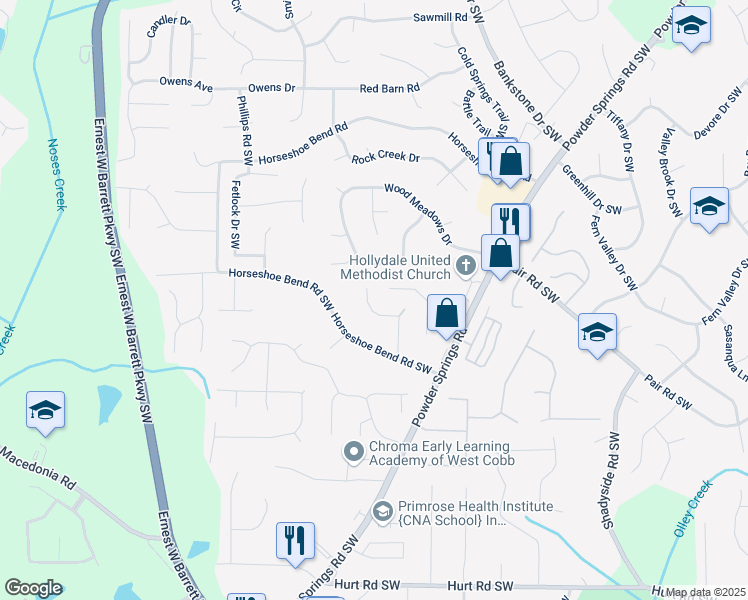 map of restaurants, bars, coffee shops, grocery stores, and more near 3383 Cider Mill Court Southwest in Marietta