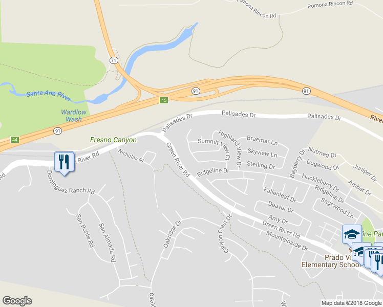 map of restaurants, bars, coffee shops, grocery stores, and more near Meridian Lane in Corona