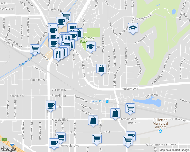 map of restaurants, bars, coffee shops, grocery stores, and more near 5610 Elsinore Avenue in Buena Park