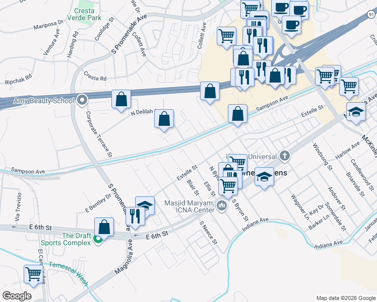 map of restaurants, bars, coffee shops, grocery stores, and more near 4091 Ellis Street in Corona