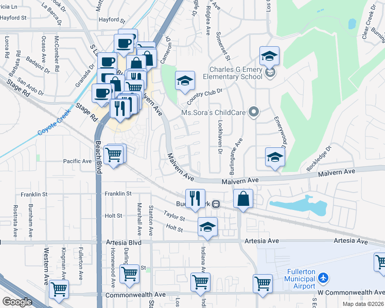 map of restaurants, bars, coffee shops, grocery stores, and more near 5610 Elsinore Avenue in Buena Park