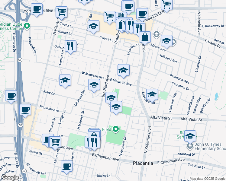 map of restaurants, bars, coffee shops, grocery stores, and more near 400 Bradford Avenue in Placentia
