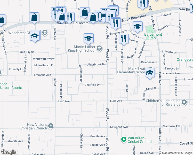 map of restaurants, bars, coffee shops, grocery stores, and more near 9415 Kentfield Court in Riverside