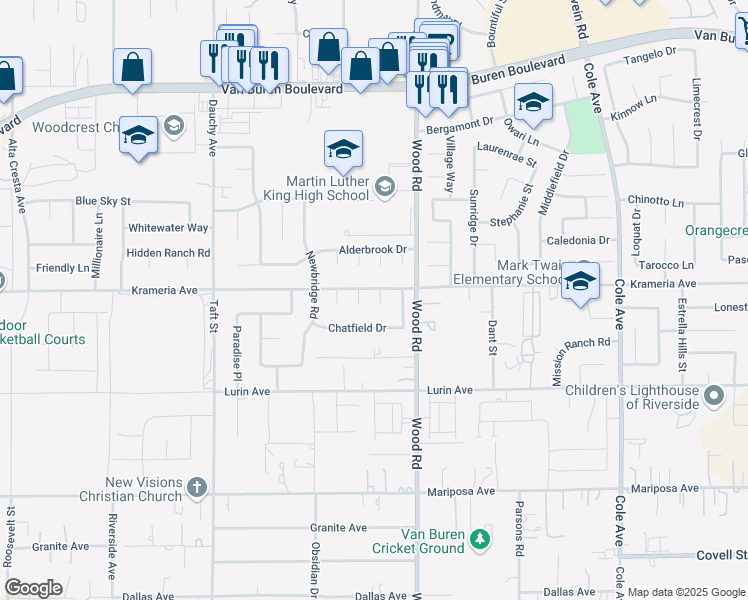 map of restaurants, bars, coffee shops, grocery stores, and more near 9415 Kentfield Court in Riverside
