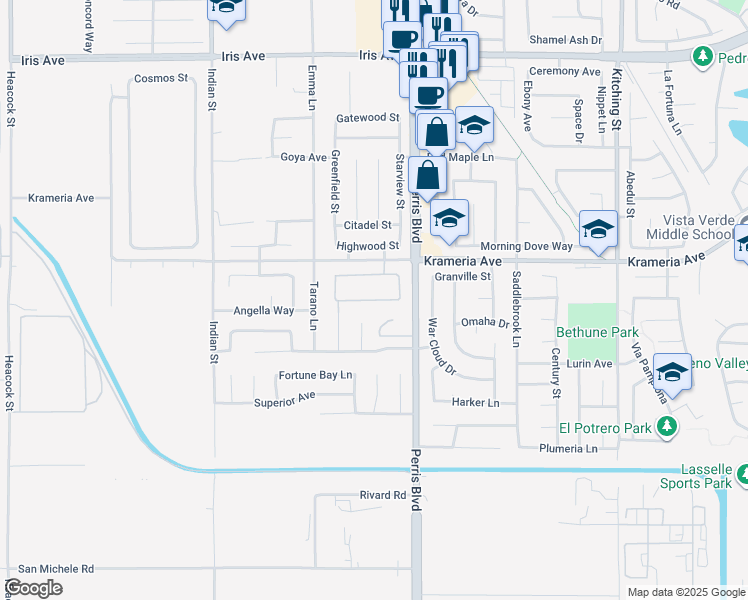 map of restaurants, bars, coffee shops, grocery stores, and more near 24881 Sirius Avenue in Moreno Valley