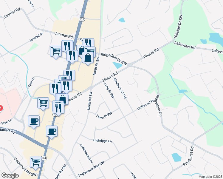 map of restaurants, bars, coffee shops, grocery stores, and more near 1848 Long Street Southwest in Snellville