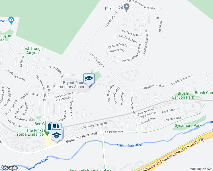 map of restaurants, bars, coffee shops, grocery stores, and more near 23950 Nicole Way in Yorba Linda