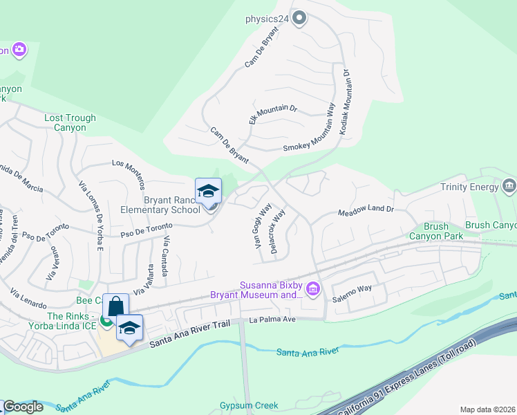 map of restaurants, bars, coffee shops, grocery stores, and more near 23950 Nicole Way in Yorba Linda