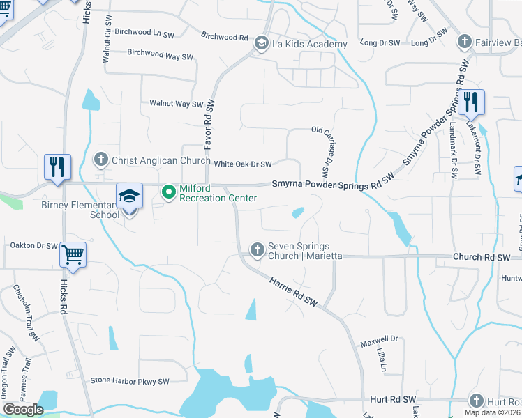 map of restaurants, bars, coffee shops, grocery stores, and more near 551 Harris Ct in Marietta