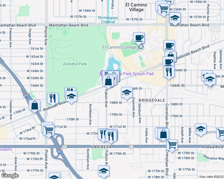 map of restaurants, bars, coffee shops, grocery stores, and more near 16700 Yukon Avenue in Torrance