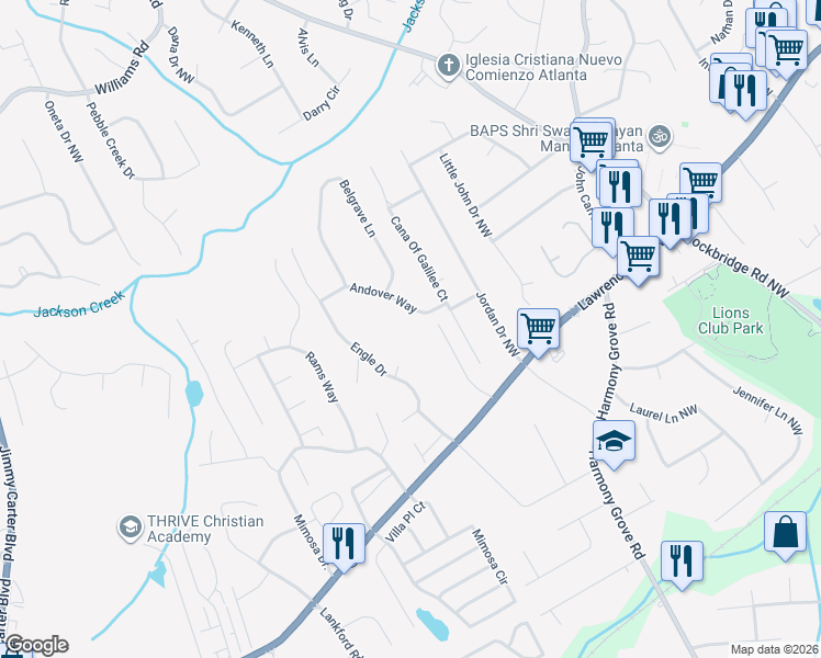 map of restaurants, bars, coffee shops, grocery stores, and more near 360 Tucker Court Northwest in Tucker