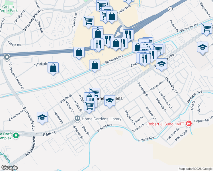map of restaurants, bars, coffee shops, grocery stores, and more near 13469 Magnolia Avenue in Corona