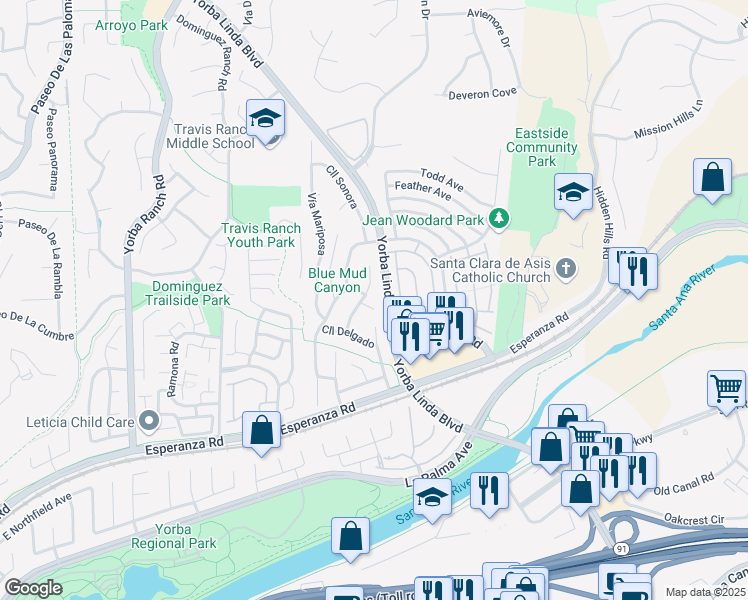 map of restaurants, bars, coffee shops, grocery stores, and more near 21679 Calle Alcazar in Yorba Linda