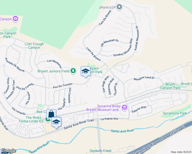 map of restaurants, bars, coffee shops, grocery stores, and more near 23850 Nicole Way in Yorba Linda