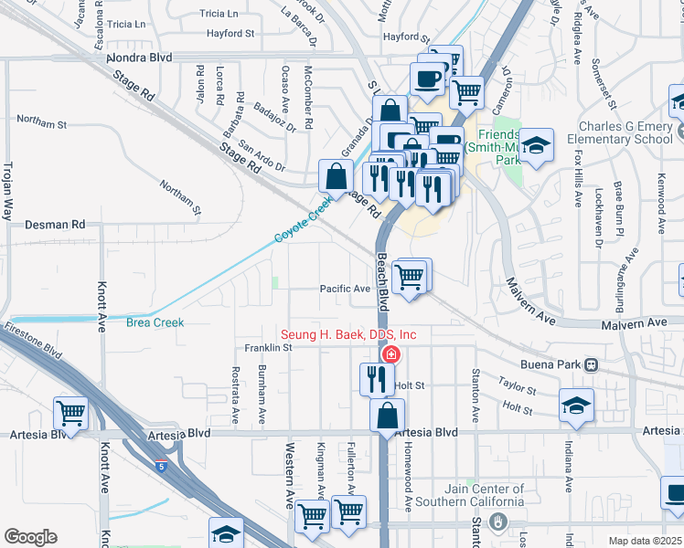 map of restaurants, bars, coffee shops, grocery stores, and more near 5581 Fullerton Avenue in Buena Park