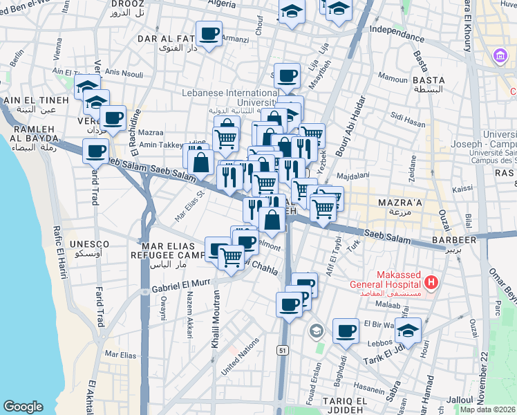 map of restaurants, bars, coffee shops, grocery stores, and more near Msaytbeh in Beirut