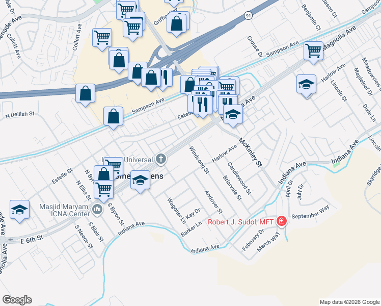 map of restaurants, bars, coffee shops, grocery stores, and more near 3770 Windsong Street in Corona