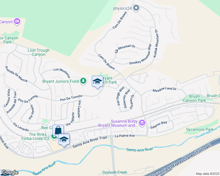 map of restaurants, bars, coffee shops, grocery stores, and more near 23850 Nicole Way in Yorba Linda