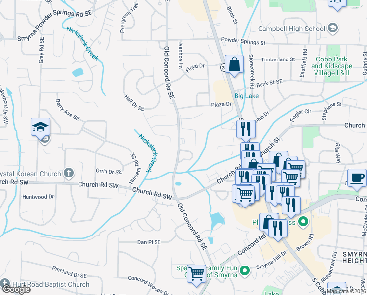 map of restaurants, bars, coffee shops, grocery stores, and more near 1051 Westfield Trace in Smyrna