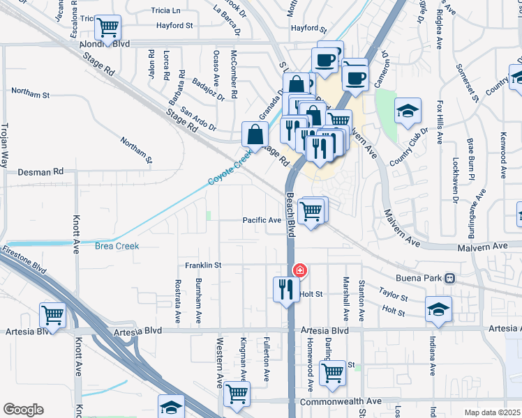 map of restaurants, bars, coffee shops, grocery stores, and more near 5581 Fullerton Avenue in Buena Park