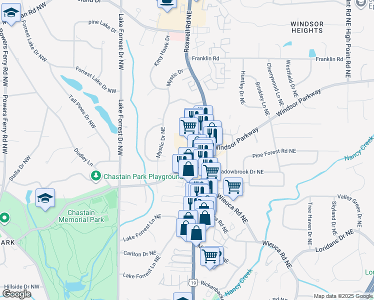 map of restaurants, bars, coffee shops, grocery stores, and more near 4600 Roswell Road in Sandy Springs