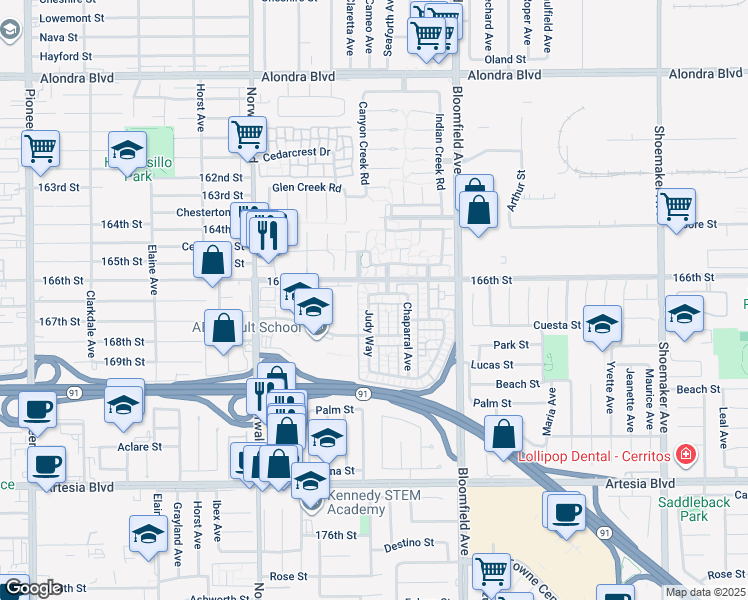 map of restaurants, bars, coffee shops, grocery stores, and more near 16717 Judy Way in Cerritos