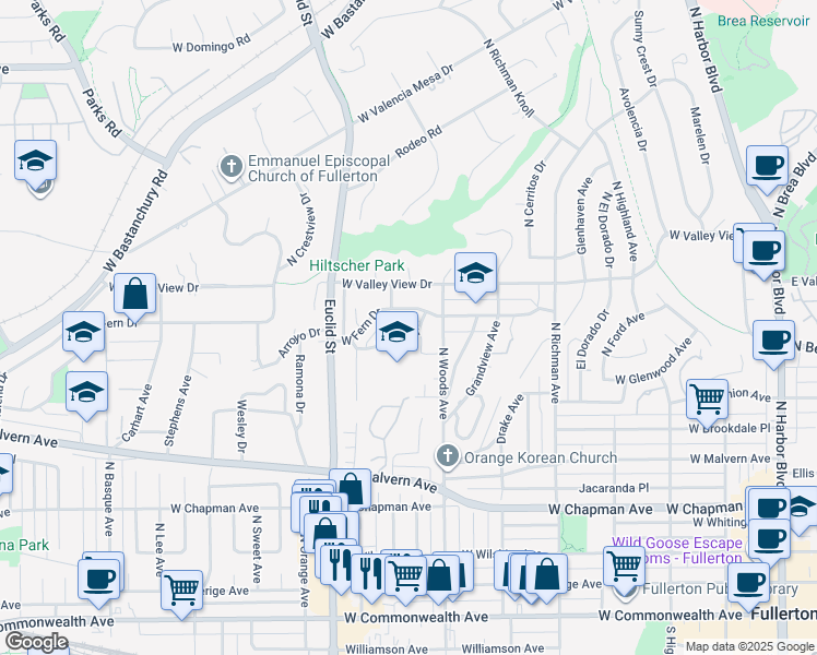 map of restaurants, bars, coffee shops, grocery stores, and more near 732 Barris Drive in Fullerton
