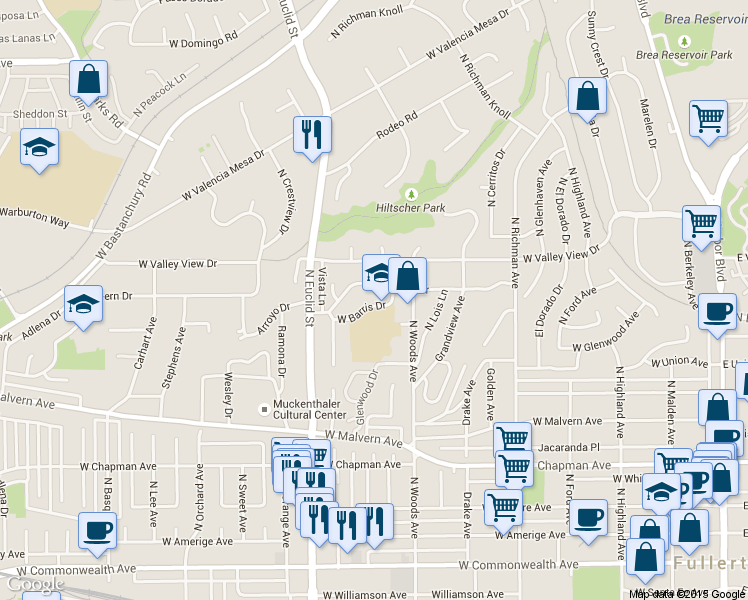 map of restaurants, bars, coffee shops, grocery stores, and more near 732 Barris Drive in Fullerton