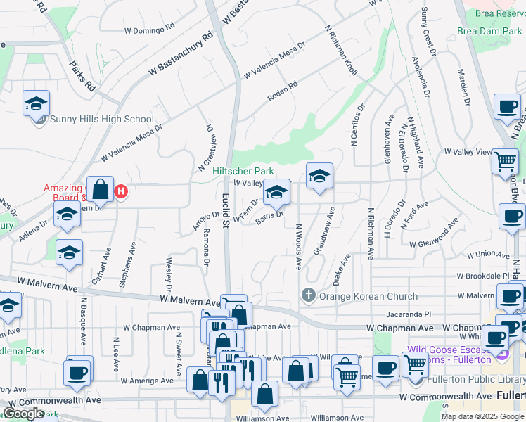 map of restaurants, bars, coffee shops, grocery stores, and more near 759 Barris Drive in Fullerton