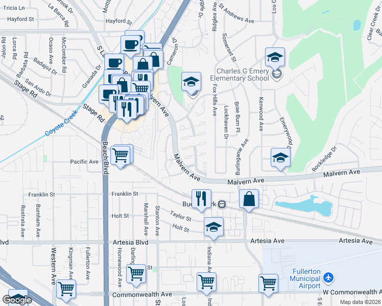 map of restaurants, bars, coffee shops, grocery stores, and more near 8187 Owens Street in Buena Park