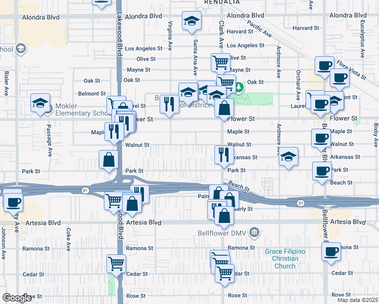 map of restaurants, bars, coffee shops, grocery stores, and more near 9237 Park Street in Bellflower