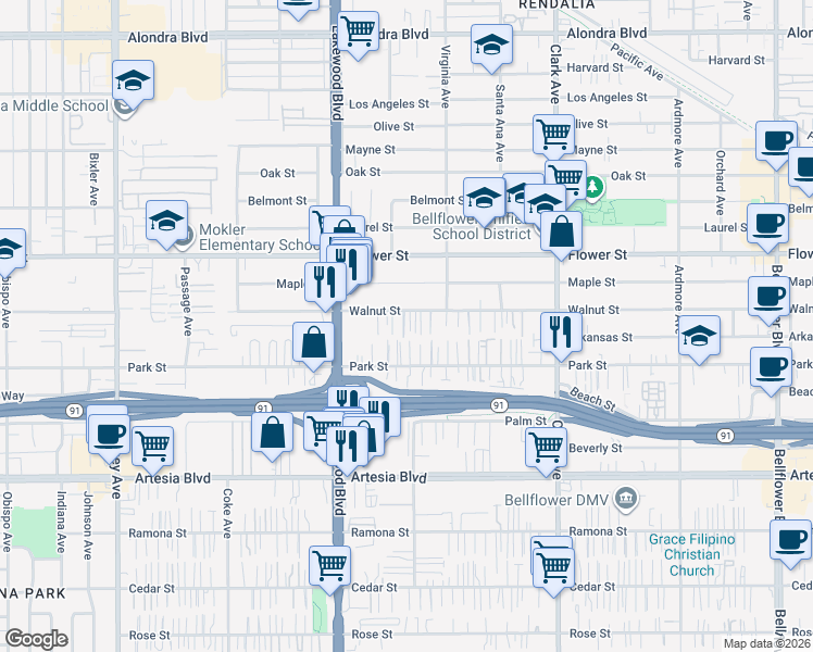 map of restaurants, bars, coffee shops, grocery stores, and more near 9103 Park Street in Bellflower