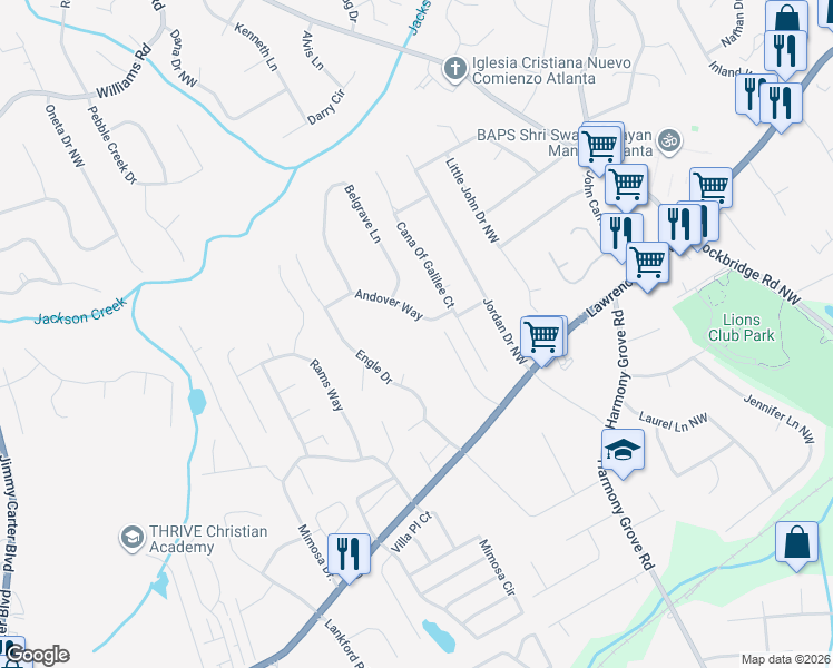 map of restaurants, bars, coffee shops, grocery stores, and more near 360 Tucker Court Northwest in Tucker