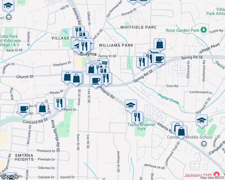 map of restaurants, bars, coffee shops, grocery stores, and more near 3030 Atlanta Road Southeast in Smyrna