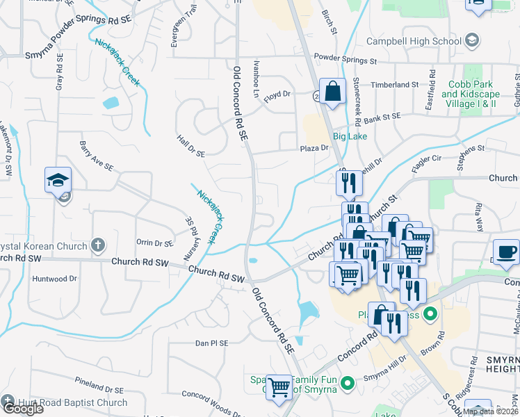 map of restaurants, bars, coffee shops, grocery stores, and more near 1051 Westfield Trace in Smyrna