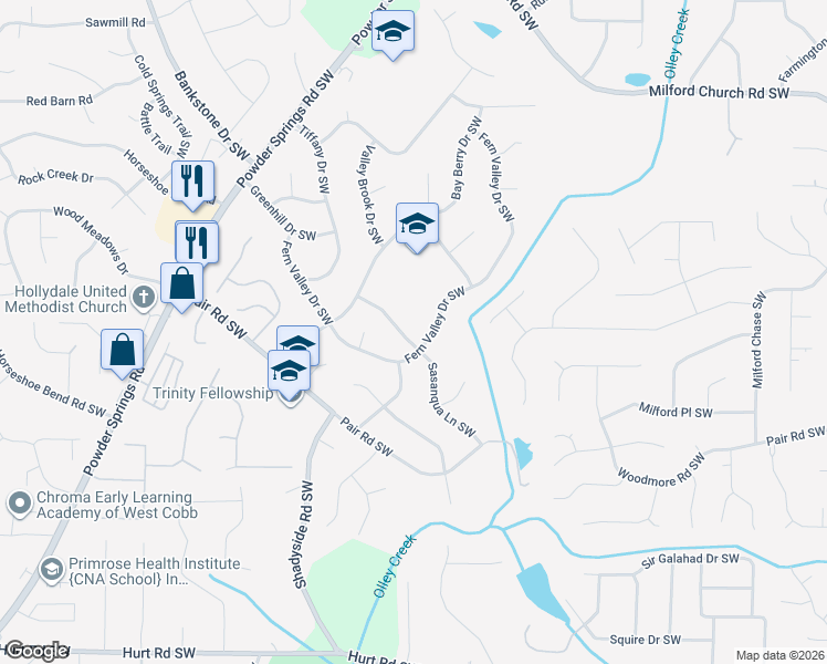 map of restaurants, bars, coffee shops, grocery stores, and more near 3041 Sasanqua Lane Southwest in Marietta