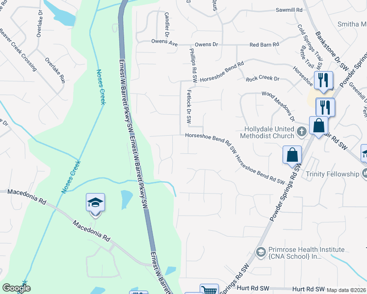 map of restaurants, bars, coffee shops, grocery stores, and more near 2699 Barcelona Drive Southwest in Marietta