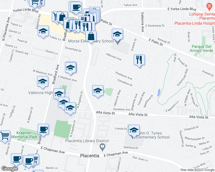 map of restaurants, bars, coffee shops, grocery stores, and more near 1007 Acacia Drive in Placentia