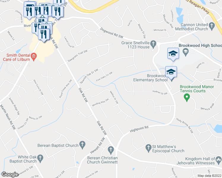 map of restaurants, bars, coffee shops, grocery stores, and more near 1192 Melton Drive Southwest in Lilburn