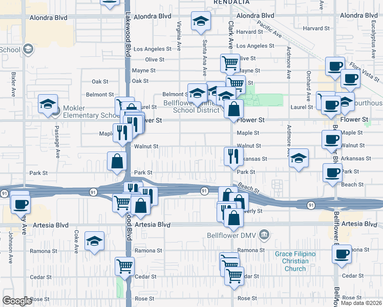 map of restaurants, bars, coffee shops, grocery stores, and more near 9224 Walnut Street in Bellflower