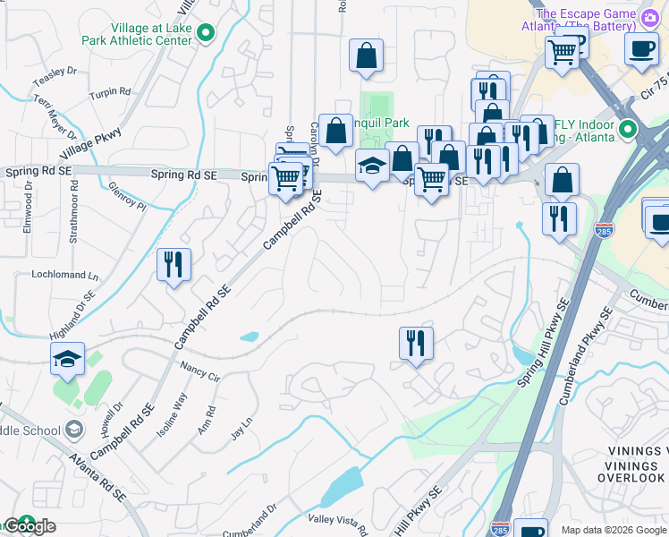 map of restaurants, bars, coffee shops, grocery stores, and more near 1309 Calderwood Court Southeast in Smyrna