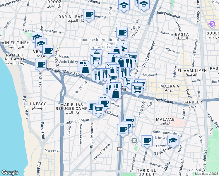 map of restaurants, bars, coffee shops, grocery stores, and more near in Beirut