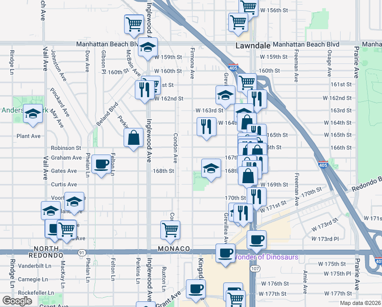 map of restaurants, bars, coffee shops, grocery stores, and more near 16615 Firmona Avenue in Lawndale