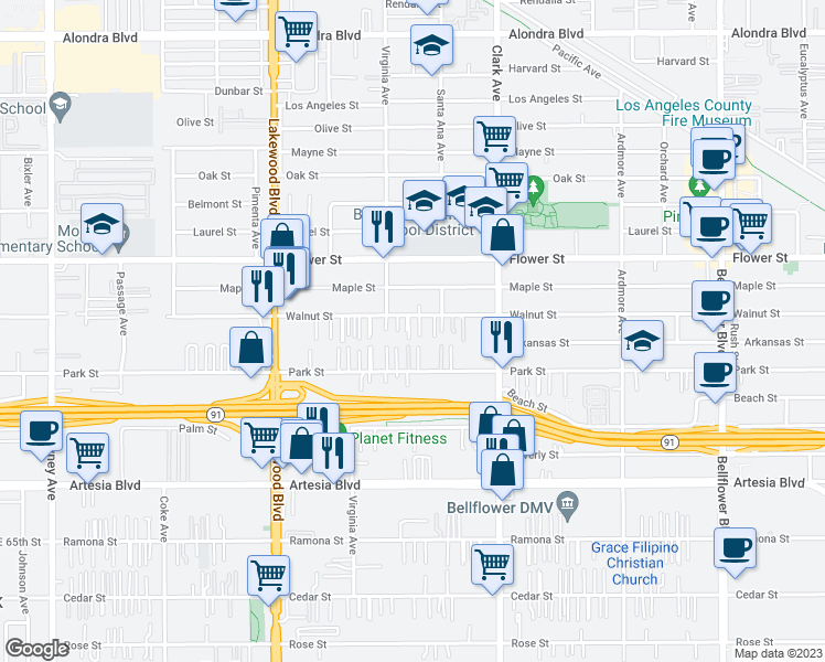 map of restaurants, bars, coffee shops, grocery stores, and more near 9224 Walnut Street in Bellflower
