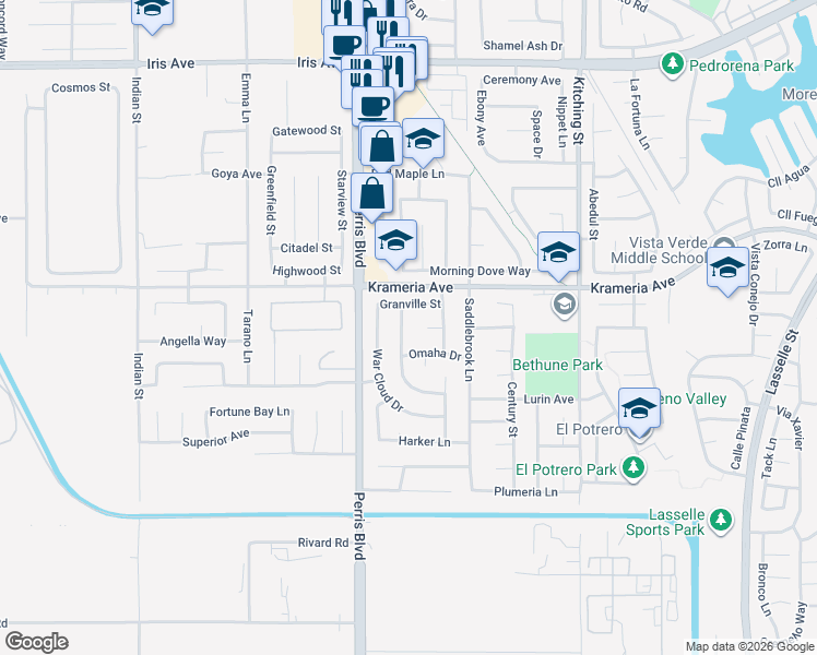map of restaurants, bars, coffee shops, grocery stores, and more near 16564 Sir Barton Way in Moreno Valley