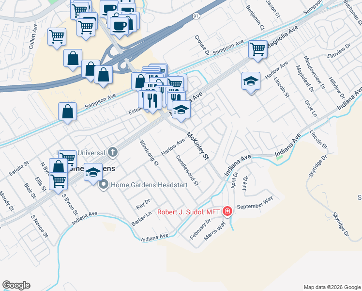 map of restaurants, bars, coffee shops, grocery stores, and more near 13136 Harlow Avenue in Corona