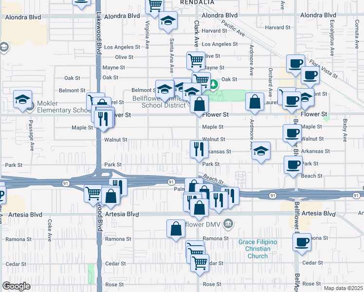 map of restaurants, bars, coffee shops, grocery stores, and more near 9319 Park Street in Bellflower